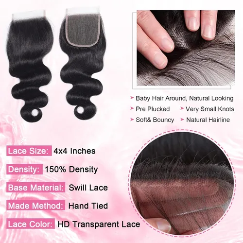 Vista 4 de DMKEEP Extensiones de cabello humano ondulado con cierre, 12, 14, 16+10 pulgadas, 100% cabello virgen brasileño sin procesar, 3 paquetes con cierre
