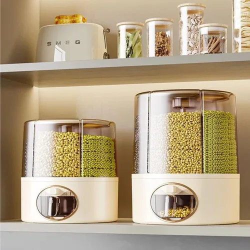 Vista 6 de Dispensador de alimentos giratorio de 6 rejillas prémium con tapa sellada, contenedor de almacenamiento de granos de rotación de 360° para arroz