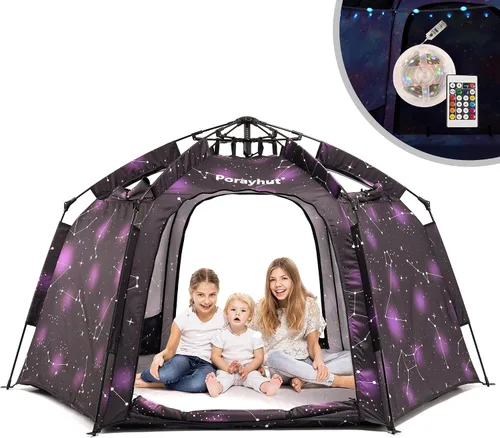 Vista 13 de Tienda de campaña hexagonal portátil para niños con tira de luces LED para interiores, casa de juegos para niños, tienda de campaña de ensueño