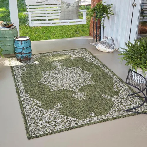 Vista 23 de Unique Loom Alfombra de la colección tradicional para exteriores, antigua (4 pies 1 pulgada, redonda, verde azulado/gris)