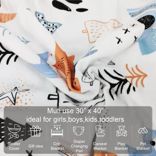 Vista 4 de Manta de bebé para niños y niñas (estampado de zorro, 30 x 40 pulgadas) con respaldo de puntos de doble capa, manta de felpa suave Minky para niños