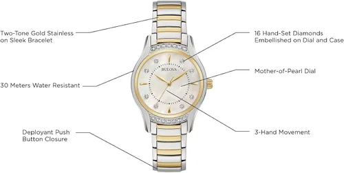 Vista 7 de Bulova Ladies' Classic Diamond 3-Hand Quartz Stainless Steel Watch, 16 Diamonds, Mother-of-Pearl Dial, Curved Mineral Crystal