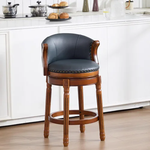 Vista 16 de RAINMOOD Taburete de bar, taburetes de bar giratorios de estilo moderno de mediados de siglo con asiento de cuero y patas de madera, silla