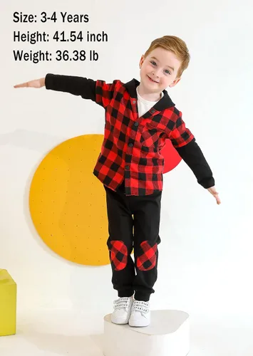 Vista 10 de YOUNGER TREE Conjunto de sudadera con capucha para niños pequeños, conjunto de camisa de franela a cuadros para otoño, invierno y primavera