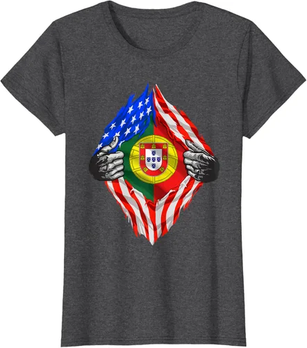 Vista 5 de Camiseta de bandera de Estados Unidos con diseño de raíces portuguesas, Negro, S