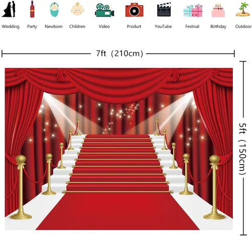 Vista 4 de INRUI Cortina roja para fotografía de escenario, alfombra roja, estrellas, celebridad, fiesta, telón de fondo (7 x 5 pies)