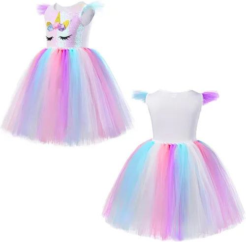 Vista 3 de PinkBeautiM Vestido tutú de unicornio para niñas, disfraz de unicornio de lentejuelas para niña con diadema, vestidos de fiesta de cumpleaños de 3 a