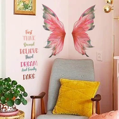 Vista 9 de Calcomanía de pared con citas de mariposa rosa, Think Believe Dream Dare - Calcomanías de pared de vinilo autoadhesivo para decoración de pared