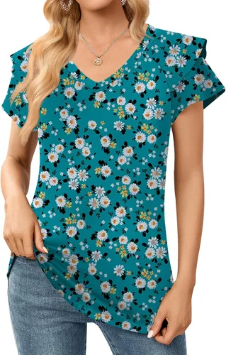 Vista 2 de DB MOON Camisetas casuales de verano para mujer, manga corta, con volantes, cuello en V, ajuste holgado