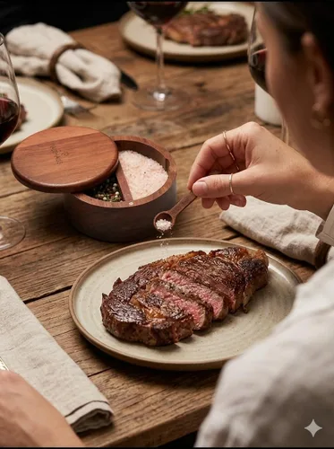 Vista 2 de Juego de cuencos de sal y pimienta de madera de acacia con tapa magnética giratoria y cuchara, organizador ecológico para encimera de cocina