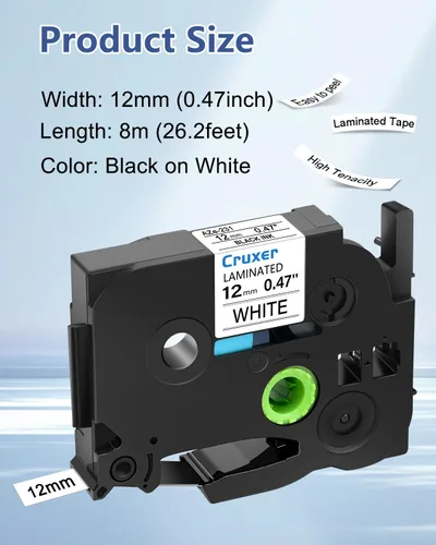 Vista 2 de Cruxer Paquete de 10 piezas de repuesto para P-Touch TZe-231 TZe231 TZ-231 0.472 in 0.47 pulgadas 1/2 cinta de etiquetas laminadas negro sobre