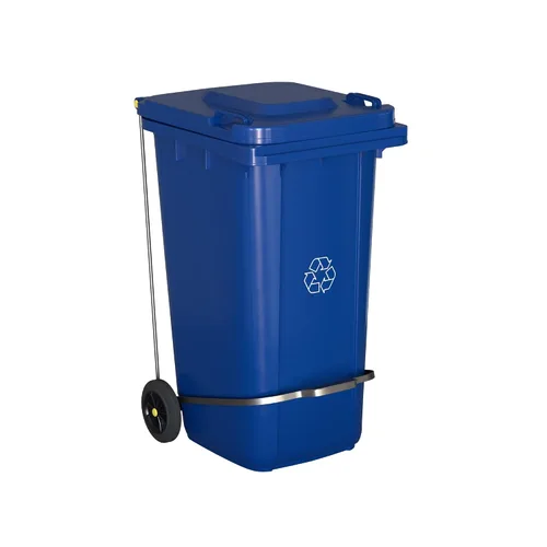 Vista 2 de Bote de basura rectangular con ruedas de 64 galones, color azul, con tapa y accesorio para escalonar, juego de 4