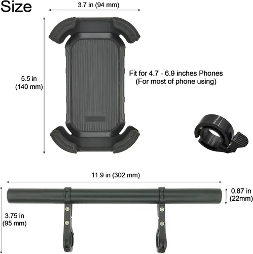 Vista 4 de Extensor de manillar de bicicleta con soporte para teléfono, barra de extensión de aluminio de 11.9", se ajusta a barras de 18–34mm, soporte
