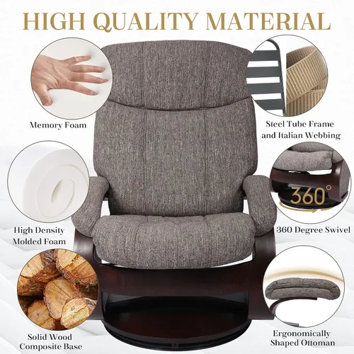 Vista 7 de Silla reclinable con juego otomano, silla decorativa para sala de estar con base de madera maciza giratoria de 360 grados, espuma viscoelástica