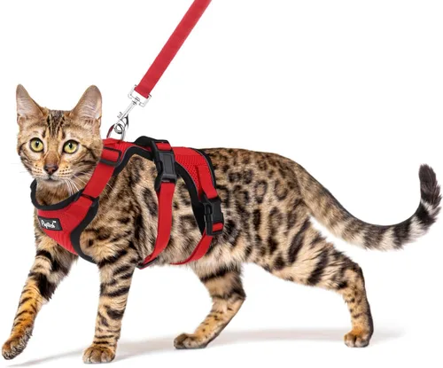 Vista 8 de PUPTECK Juego de arnés y correa para gato a prueba de escape para caminar, chaleco de malla transpirable arnés ajustable para gatos cachorros Negro