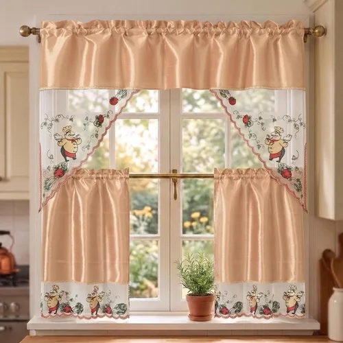 Vista 15 de YHSF Set de cortinas de cocina de 3 piezas con cenefa - Juego de cortinas de ventana de 2 niveles y cenefa con diseño de bolsillo para barra