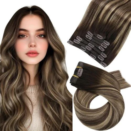 Vista 53 de Moresoo Extensiones de cabello humano con clip, balayage, color marrón oscuro a marrón dorado con clip, extensiones de cabello humano con clip, 5