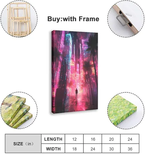 Vista 2 de XAHOR Póster estético Vaporwave - Impresión artística retro Cyberpunk con ciudad neón y palmeras, lienzo decorativo y arte de pared, póster moderno
