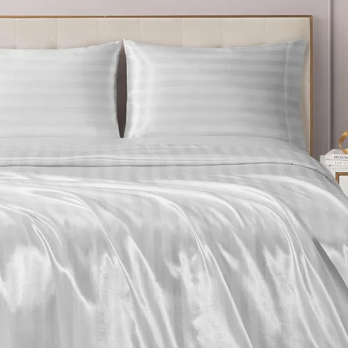 Vista 17 de Juicy Couture Juego de sábanas de satén de tamaño individual, juego de sábanas sedosas de bolsillo profundo con 1 sábana bajera, 1 sábana encimera