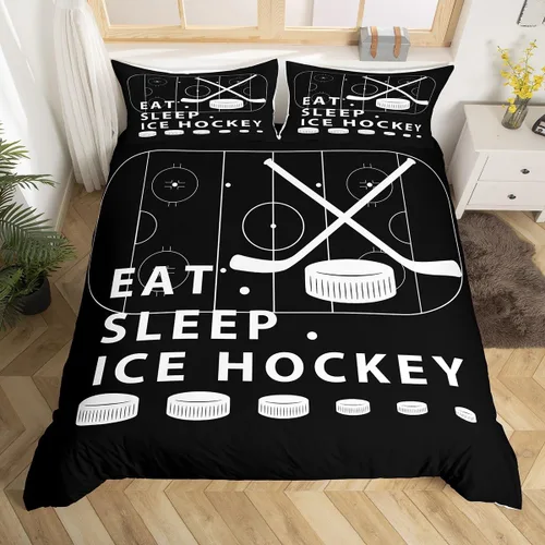 Vista 33 de Erosebridal Hockey Twin Duvet Cover for Boys,Blue and Black Sports Bedding Sets for Kids Teen,Ball Games Gamer Bed Set,Ice Hockey Field Quilt Cover