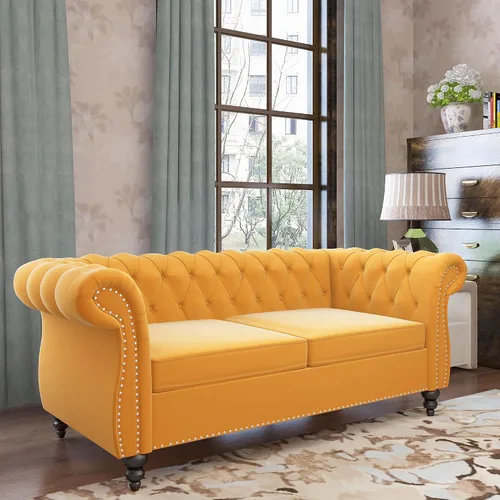 Vista 11 de QHITTY Sofá grande Accent, sofá Chesterfield de 3 plazas moderno de cuero, sofá tapizado con respaldo copetudo para muebles de sala de estar (negro)