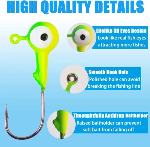 Vista 3 de 30 piezas de anzuelos de pesca con cabeza de bola redonda con ojos 3D Crappie jig señuelo pintados ganchos para lubino crappie lubino trucha agua