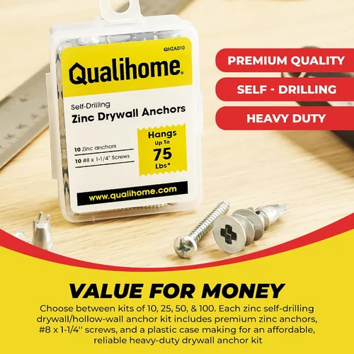 Vista 7 de Kit de anclaje de yeso de zinc autoperforante Qualihome con tornillos - Anclajes de yeso para pared hueca autoperforantes de metal con aletas