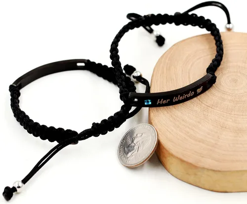 Vista 5 de Uloveido 1 par de pulseras trenzadas hechas a mano con grabado para parejas, parejas para él y ella, pulseras para hombres, mujeres, novio y novia