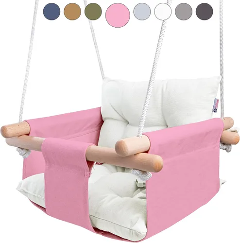 Vista 9 de CaTeam Asiento de columpio de lona para bebé con cinturón de seguridad de 5 puntos, columpio colgante de madera para niños pequeños, interior y Gris