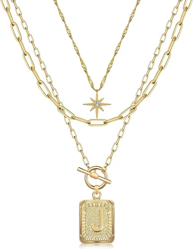Vista 14 de MJartoria Collares con iniciales en capas para mujer, modernos, chapados en oro de 14 quilates, cadena de papel, collar sencillo con dije de Dorado