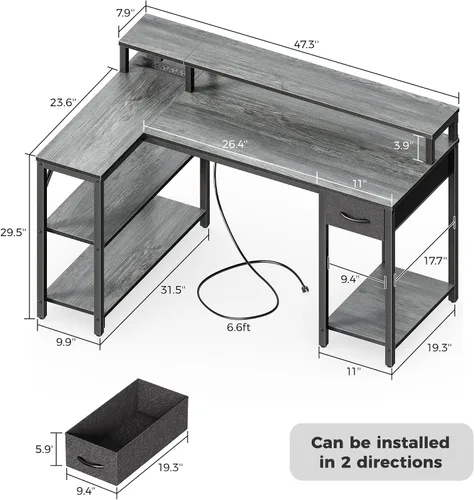 Vista 7 de SUPERJARE Escritorio reversible en forma de L de 47 pulgadas con luces LED y tomas de corriente, escritorio para computadora con estantes y soporte