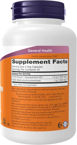 Vista 2 de NOW Foods Suplementos, Glucosamina y MSM (GreenGrown® Glucosamina), Vegetarianos, 120 Cápsulas Vegetarianas