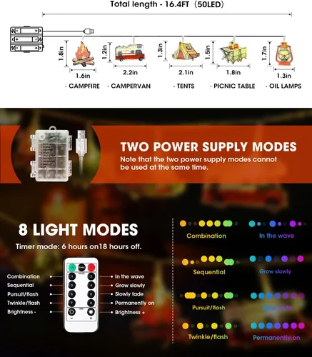 Vista 2 de AceList Guirnalda de 50 luces LED para campamento, funciona con pilas y USB, mini queroseno impermeable para exteriores, perfecta para decoraciones