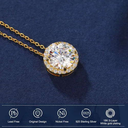 Vista 3 de Collar de moissanita con halo para mujer, 0.5 quilates-4.0 quilates, chapado en oro blanco y amarillo de 18 quilates, delicado regalo de aniversario