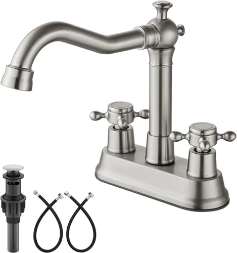 Vista 20 de Aolemi Juego central de 4 pulgadas, grifo vintage para lavabo de baño, 2 manijas cruzadas, lavabo para lavabo, 3 agujeros, incluye mangueras, grifo