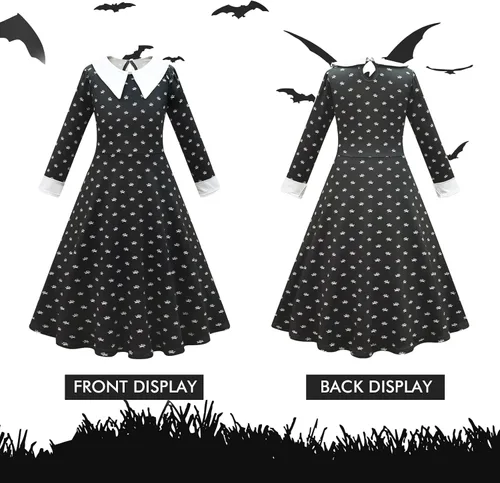 Vista 3 de SEDEX Wednesday Addams - Disfraz familiar para niñas, vestido negro de Halloween, traje de cosplay para niños, adolescentes, disfraz con accesorios