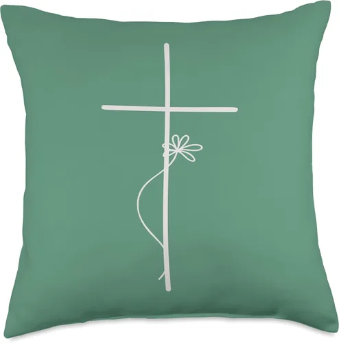 Vista 4 de Cross With Flower Jesus Floral Minimalist Line Art Women Throw Pillow