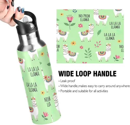 Vista 4 de Cute Llamas Flowers Green Insulated Stainless Steel Water Bottle with Straw 32 Oz, BPA-Free Sport Water Bottle Insulated Leakproof Water Bottles