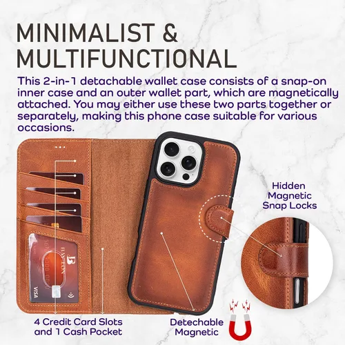 Vista 49 de Bayelon Funda tipo cartera para iPhone 15 Pro, cartera de cuero de grano completo, funda magnética desmontable, tarjetero, funda tipo cartera