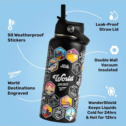 Vista 4 de LET'S WANDER - Botella de agua para aventureros del mundo con 50 pegatinas impermeables - 32 onzas, botella de acero inoxidable aislada y a prueba