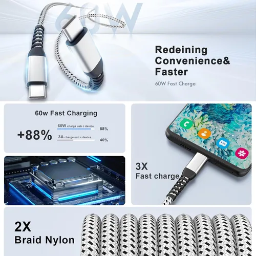 Vista 2 de Cable USB C a USB C (paquete de 3 cables de 1 pie) para iPhone 15, cable de carga rápida tipo C de 60 W para Apple iPhone 15 Pro Max Plus/MacBook