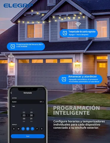 Vista 6 de ELEGRP PQR11 Enchufe inteligente para exteriores con regulador de intensidad impermeable IP66, enchufe WiFi inteligente compatible con Alexa