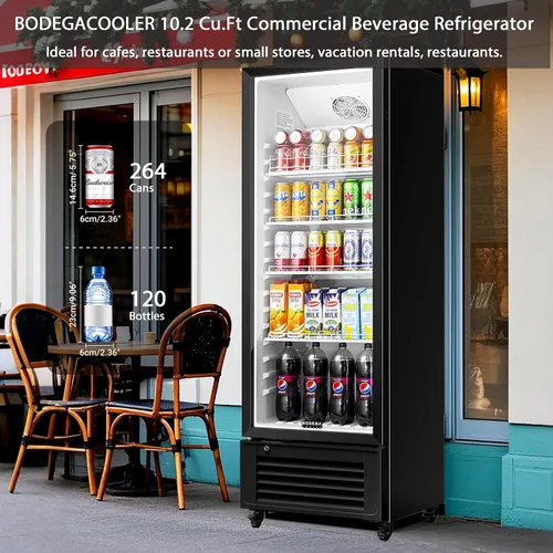 Vista 9 de BODEGACOOLER Refrigerador Comercial de Bebidas, Refrigerador de Exhibición de 290L con Luz LED Suave, 264 Latas y 120 Botellas Refrigerador