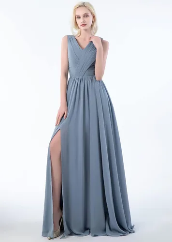 Vista 4 de Vestido de dama de honor con cuello en V para mujer, de gasa, plisado, vestido de noche formal con abertura