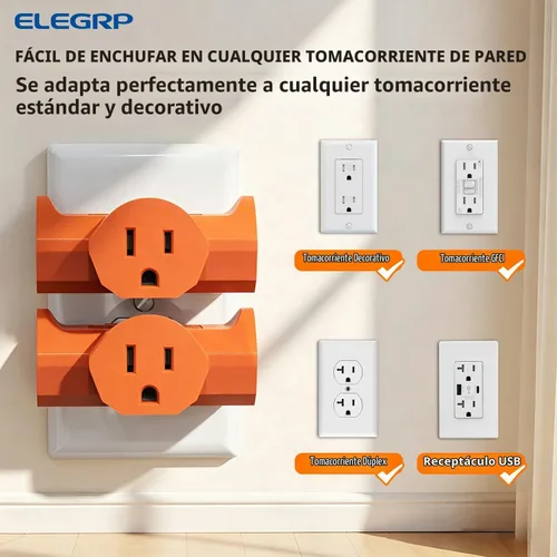 Vista 5 de ELEGRP Extensor de Energía de Servicio Pesado de 3 Clavijas a Triple Toma en Dirección T, Extensor de Toma de Pared Multidireccional con Conexión a