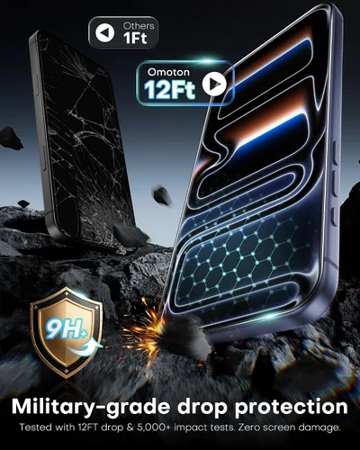 Vista 3 de OMOTON Protector de Pantalla para iPhone 17 Pro [Eliminación Automática de Polvo], Vidrio Templado con Dureza 9H+ y Resistencia a Caídas de 12FT