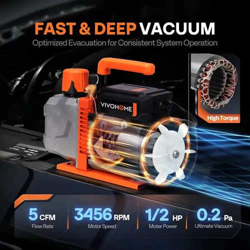 Vista 2 de VIVOHOME Serie VG - Juego de bomba de vacío de CA y medidor, bomba de vacío HVAC de 2 etapas 1/2 HP 5CFM y kit de manómetro de colector de 3 vías