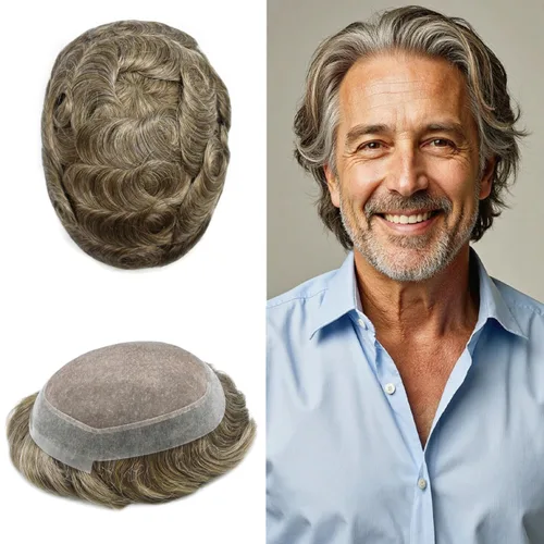 Vista 79 de Toupee para hombres Piezas de pelo fino mono para hombre Toupee sistema de reemplazo de pelo para hombres línea capilar natural para hombre postizo