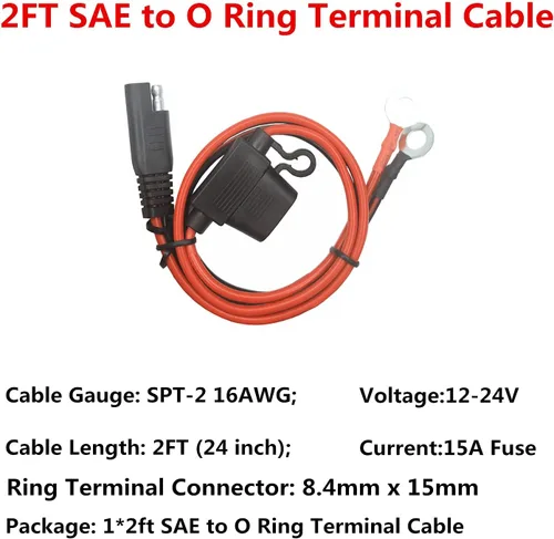 Vista 2 de Cable de terminal de anillo tórico – Conector SAE de 2 pies, enchufe SAE a cable cargador de batería, adaptador de extensión de arnés de terminal