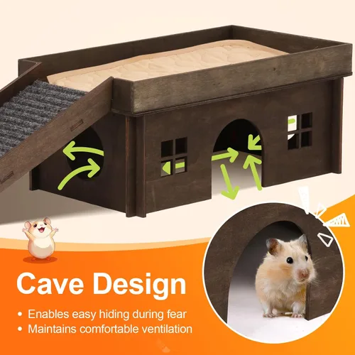 Vista 6 de Casa Grande para Conejos con Escalera, Castillo de Madera para Conejos Escondite de Conejos, Cabaña Escondite para Chinchillas y Conejillos